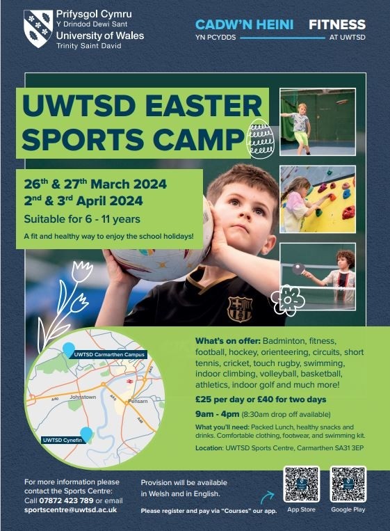 Poster that includes information about UWTSD's Easter Sport camps